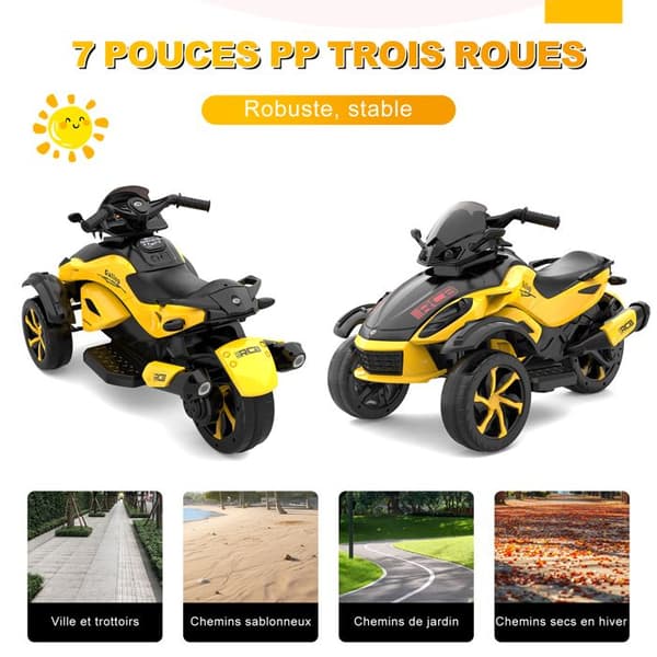 Barns Elektrisk Triangelmotorcykel RCB - 3 Hjul - Dubbel Motor - 12V Batteri - Automatisk Broms - LED - RM2 Gul