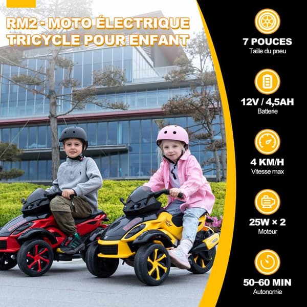 Barns Elektrisk Triangelmotorcykel RCB - 3 Hjul - Dubbel Motor - 12V Batteri - Automatisk Broms - LED - RM2 Gul