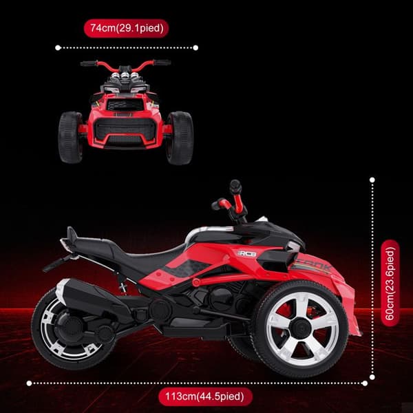 Barnens Elektriska Motorcykel Trike RCB - 3 Hjul - Dubbel Hastighet - Bluetooth - Dubbel Motor - Batteri 12V - Fjädring - RM3 Röd