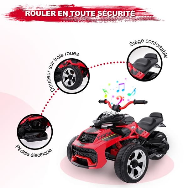 Barnens Elektriska Motorcykel Trike RCB - 3 Hjul - Dubbel Hastighet - Bluetooth - Dubbel Motor - Batteri 12V - Fjädring - RM3 Röd