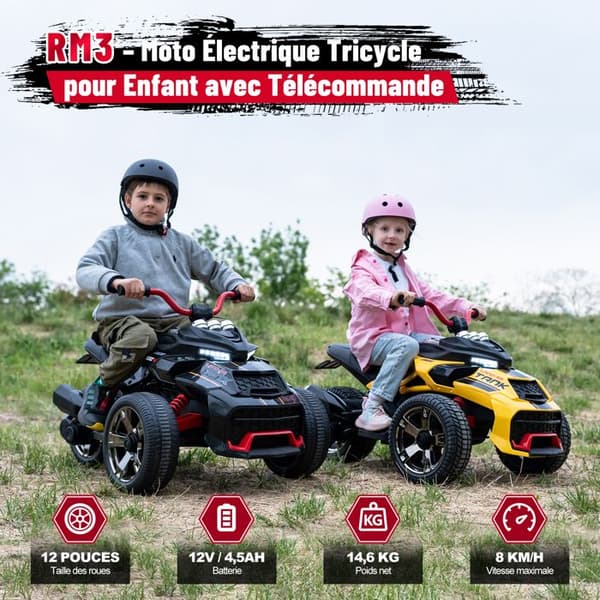 Barnens Elektriska Motorcykel Trike RCB - 3 Hjul - Dubbel Hastighet - Bluetooth - Dubbel Motor - Batteri 12V - Fjädring - RM3 Röd