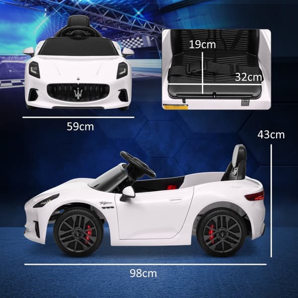 Rootz Maserati Electric Kids Car - 12V Ride -On - Forældrekontrol - 50min spil - 98x59x43cm - i alderen 3-5 - Hvid