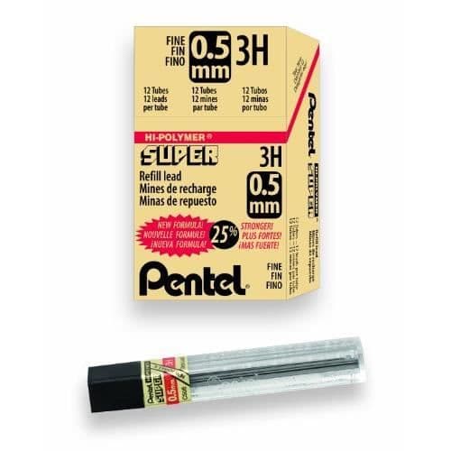 Pentel Super Hi-Polymer bly, fin 0,5 mm, 3H, 144 blybitar - C505-3H