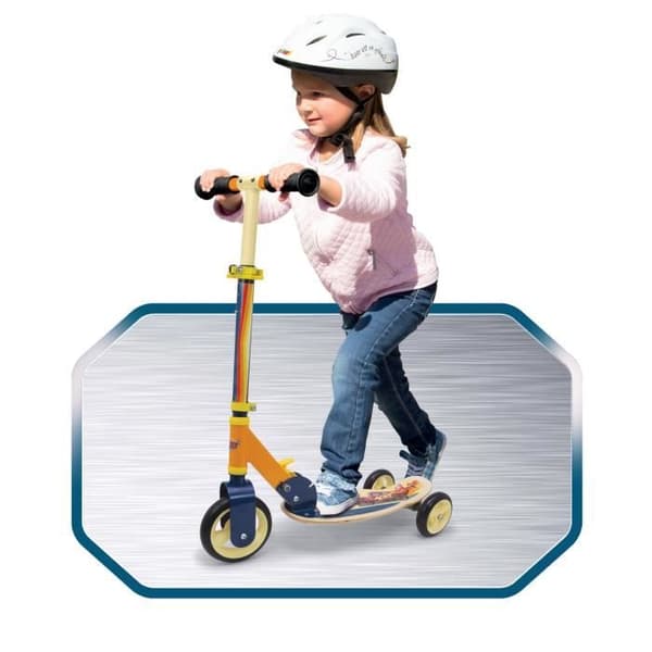 Smoby - Autot - Taittuva skootteri - 3 hiljaista pyörää - Puinen kansi - Keltainen ja monivärinen - Skootteri säädettävällä ohjaustangolla
