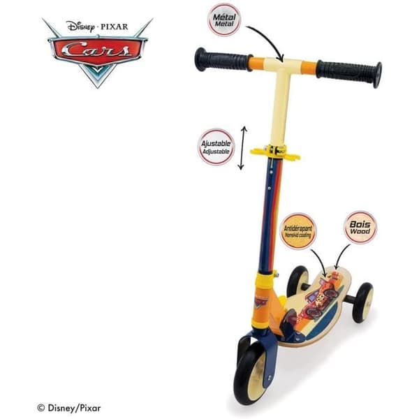 Smoby - Bilar - Hopfällbar sparkcykel - 3 tysta hjul - Trädäck - Gul och flerfärgad - Sparkcykel med justerbart styre