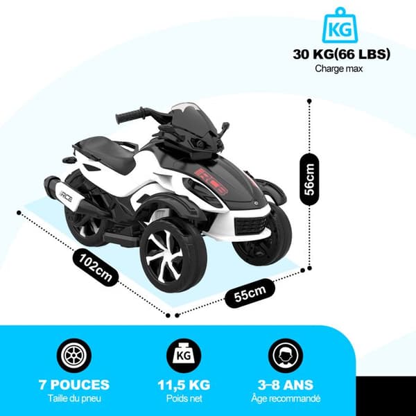 Barntrike Moto Elektrisk RCB - 3 Hjul - Dubbelmotor - 12V Batteri - Automatisk Broms - LED - RM2 Vit