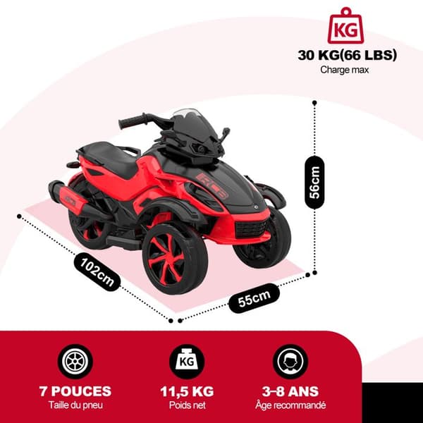 Barnmotocykel Tricycle RCB - 3 Hjul - Dubbel Motor - Batteri 12V - Autofren - LED - RM2 Röd