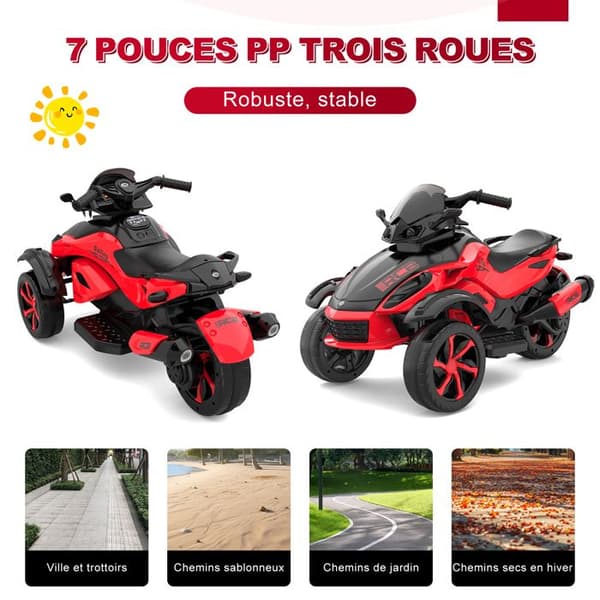 Barnmotocykel Tricycle RCB - 3 Hjul - Dubbel Motor - Batteri 12V - Autofren - LED - RM2 Röd