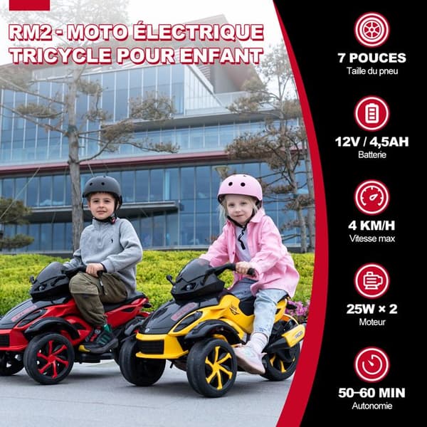 Barnmotocykel Tricycle RCB - 3 Hjul - Dubbel Motor - Batteri 12V - Autofren - LED - RM2 Röd