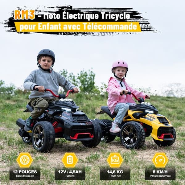 Moto Elektrisk Barn Trike RCB - 3 Hjul - Dubbel Hastighet - Bluetooth - Dubbel Motor - Batteri 12V - Fjädring - RM3 Gul