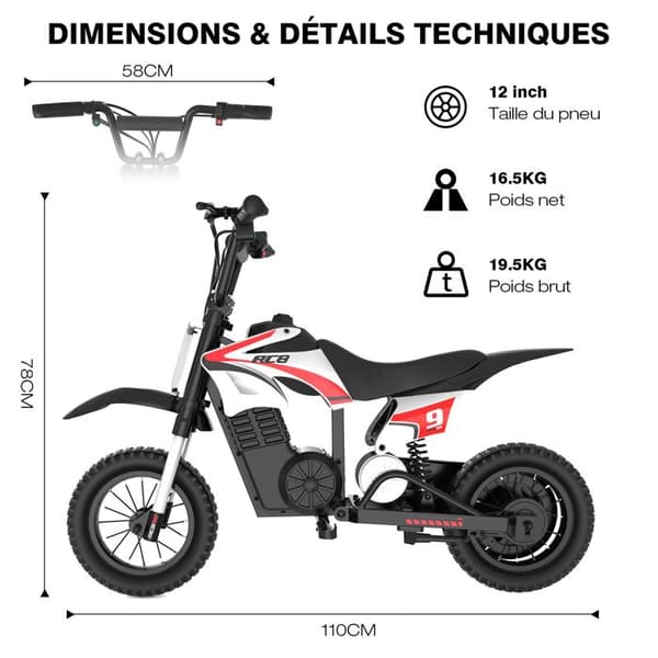 RCB Elmotorcykel för Barn 4+ År - Hastighet 25 km/h - 350W - Batteri 36V/5.2Ah - Röd