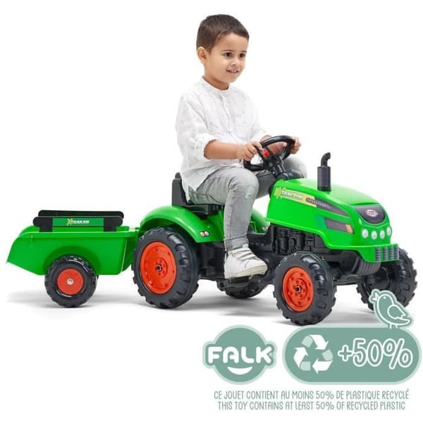 FALK - Green X Traktorpedaltraktor med öppningshuv och släp ingår