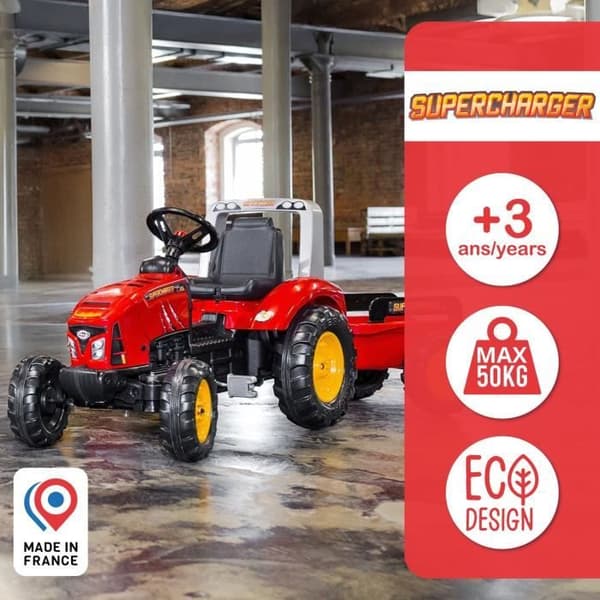 FALK - Röd Supercharger pedaltraktor med öppningsbar motorhuv och släpvagn ingår