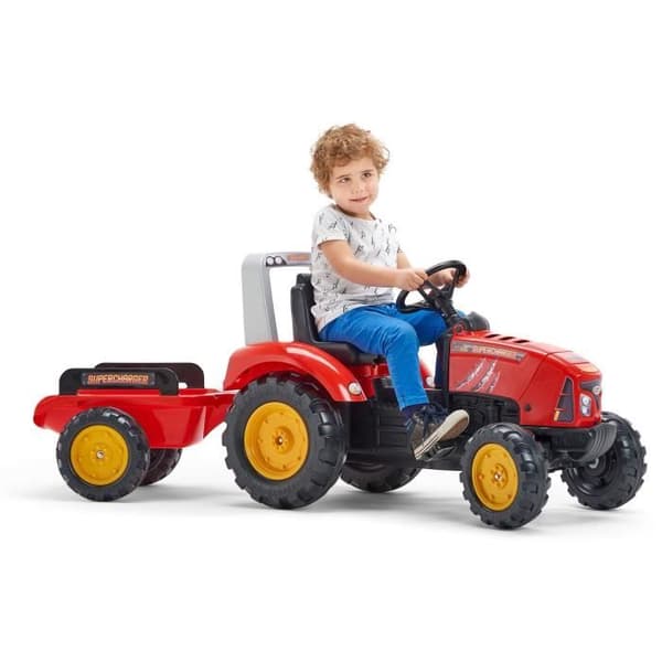 FALK - Röd Supercharger pedaltraktor med öppningsbar motorhuv och släpvagn ingår