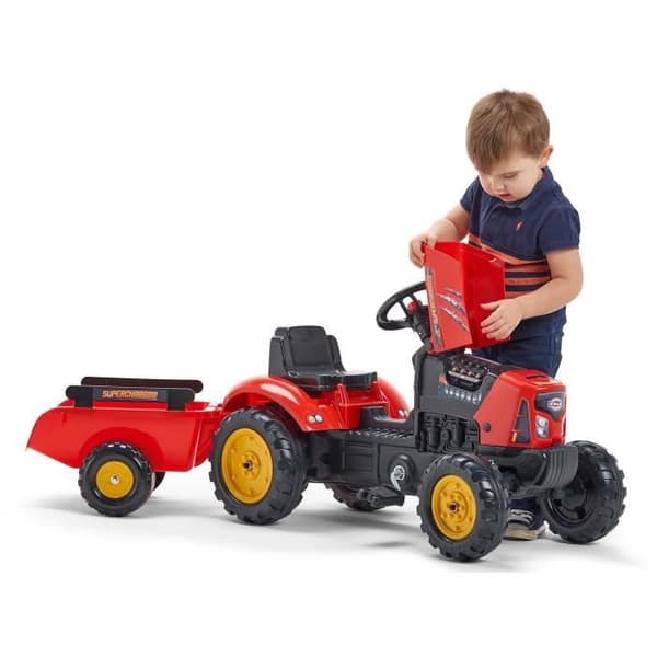 FALK - Röd Supercharger pedaltraktor med öppningsbar huv och släp