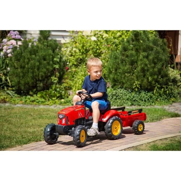 FALK - Röd Supercharger pedaltraktor med öppningsbar huv och släp