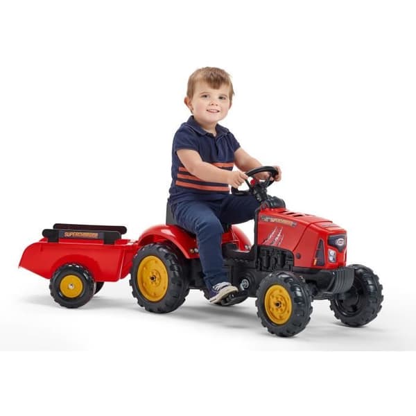 FALK - Röd Supercharger pedaltraktor med öppningsbar huv och släp