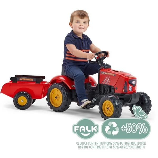 FALK - Röd Supercharger pedaltraktor med öppningsbar huv och släp
