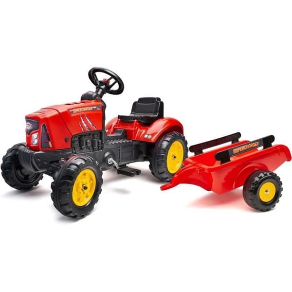 FALK - Röd Supercharger pedaltraktor med öppningsbar huv och släp