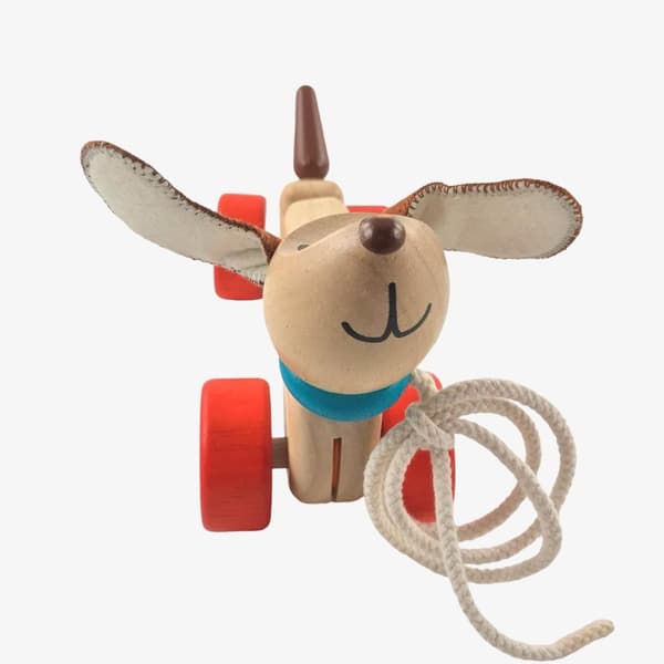 Glada valpen - dragleksak av trä från Plantoys