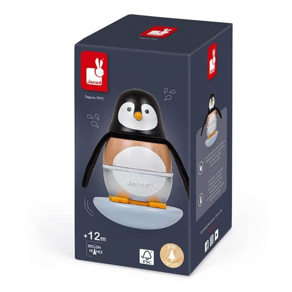 JANOD - Zigolos Penguin Tumbler i massivt trä - Dragleksak för barn från 1 år och uppåt