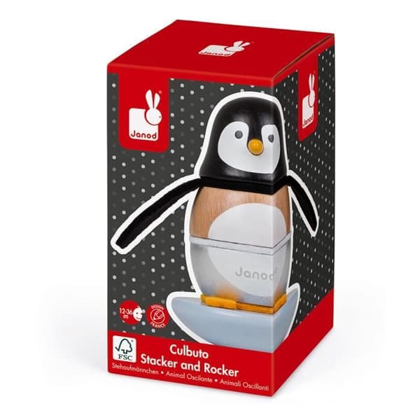JANOD - Zigolos Penguin Tumbler i massivt trä - Dragleksak för barn från 1 år och uppåt