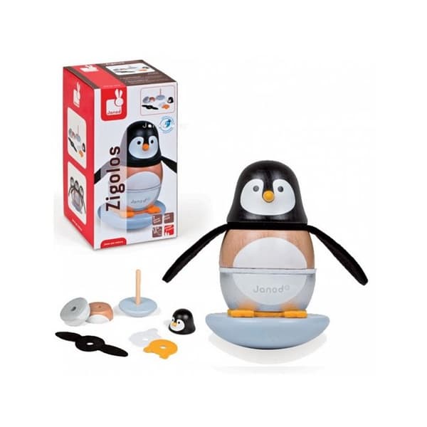 JANOD - Zigolos Penguin Tumbler i massivt trä - Dragleksak för barn från 1 år och uppåt