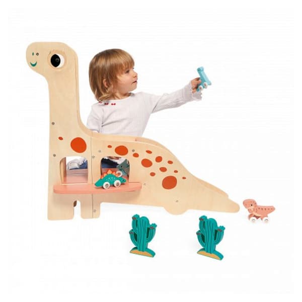 Garage Dino Diplodocus - JANOD - FSCTM träleksak - 4 Dinos och 2 kaktusar
