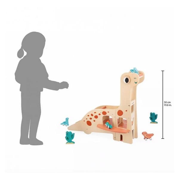 Garage Dino Diplodocus - JANOD - FSCTM träleksak - 4 Dinos och 2 kaktusar