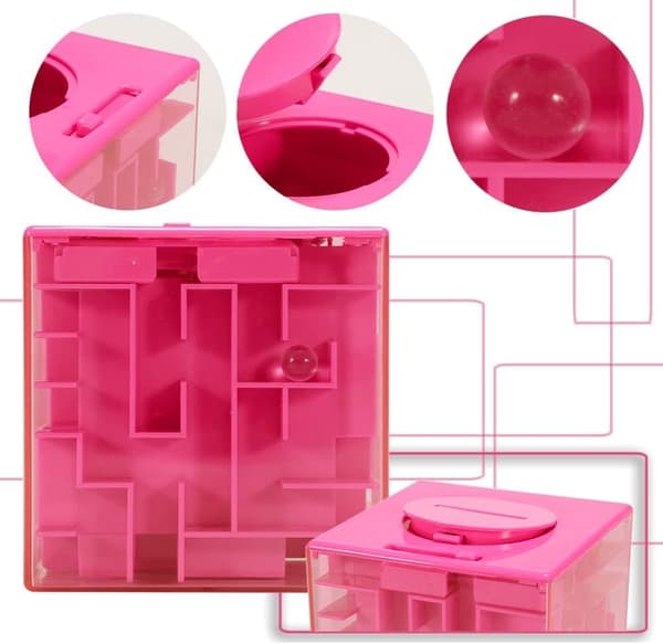 3D kube puslespill labyrint - rolig spargris för barn - Rosa