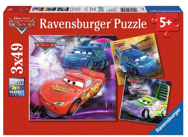 Ravensburger Disney biler. På Væddeløbsbanen - Tre puslespil á 49 brikker - børnepuslespil