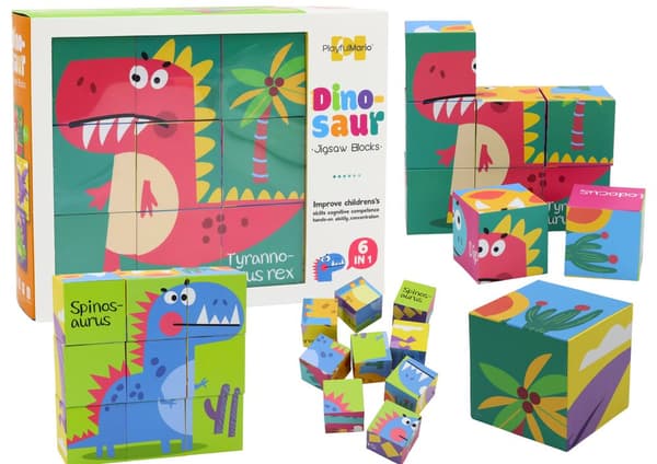 Pædagogisk puslespil 6i1 blokke Puslespil terninger 6 billeder Dinosaurer 9 El.