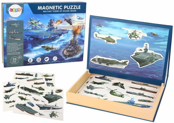En uppsättning pedagogiska magnetiska pussel med ett militärt skeppsmotiv