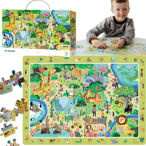 Observationspuslespil "I Zoologisk Have" 80 brikker Dyrepuslespil 300259