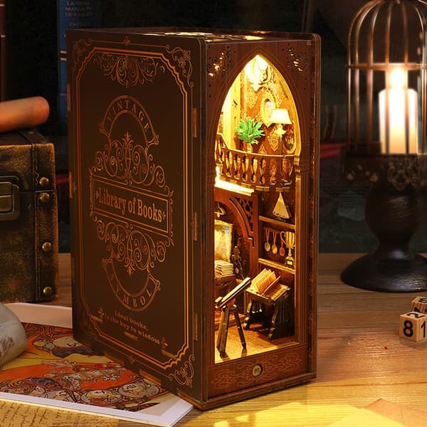 Gør-det-selv træ 4D puslespil belysning bibliotek boghylde støtte