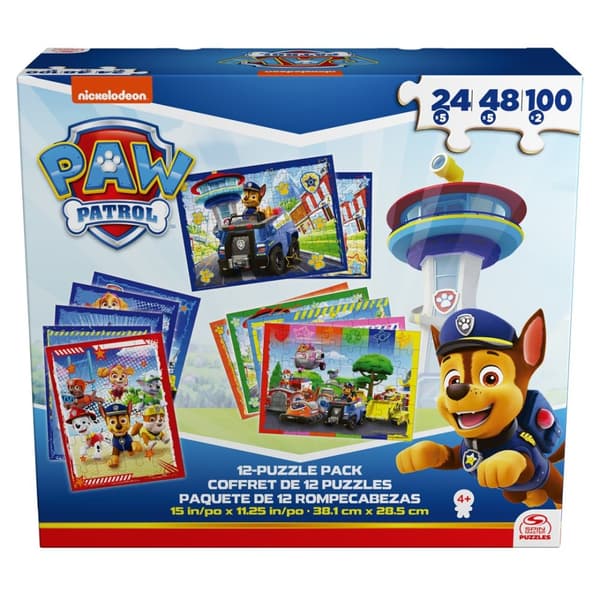 Spil, PAW Patrol Puslespil 12-pak, 24, 48 og 100 brikker, Børnepuslespil, Med Chase, Marshall, Skye, Everest, Rubble, Zuma, Rocky, For alderen 4 og op