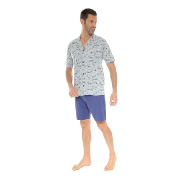 Pyjamaset kort blazer - WARNER - Grå - Knappar på korta ärmar - Enfärgad kortbyxa marinblå - Elastisk midja