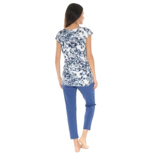 T-shirt - Valery - 6524 - Blommigt mönster marinblå - Utställda korta ärmar - Rund hals