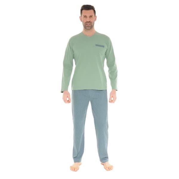 Pyjamas för män Delmont - Christian Cane - V-ringning - Kaki/mörkgrå - 100% bomull