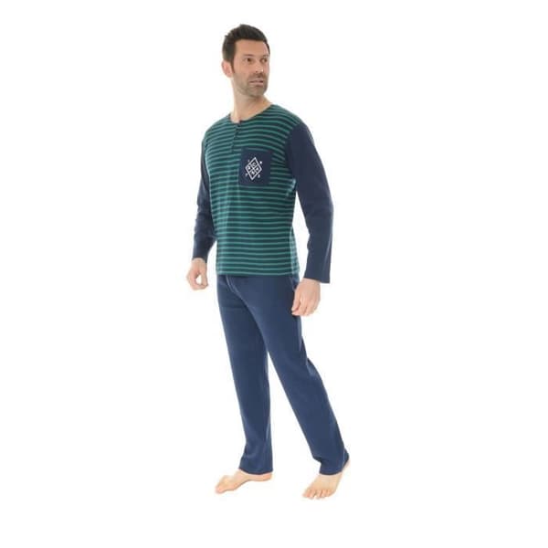 Pyjamabyxa Lång - Samy - 4773 - Kol Tunisien - 100% Bomull - Gröna och Marinrandiga
