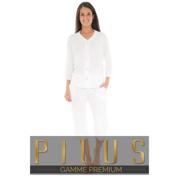 Pyjamaset med knappar Yacinthe - Dam - Vit - Lätt rutad poplin