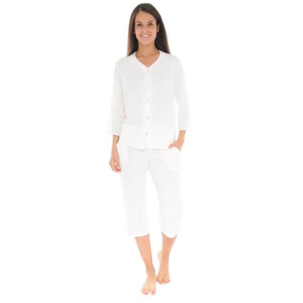 Pyjamaset med knappar Yacinthe - Dam - Vit - Lätt rutad poplin