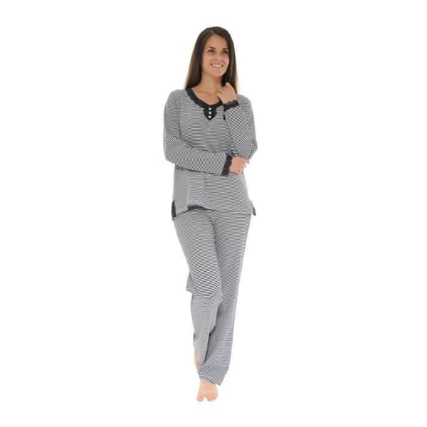 Pyjamas Lång - Rosie - 5285 - Svarta och Vita Ränder - Spets - Elastisk Midja