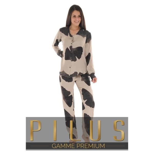Pyjamas med knäppning för kvinnor - Pilus - Aglaee - Brun - Fluid poplin - Elastisk midja
