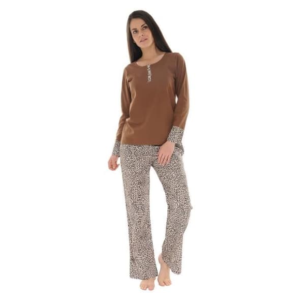Pyjamalång Marron Agathe - PILUS - Dam - Leopardtryckt bomullsmaterial och satin