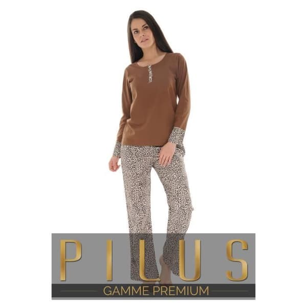 Pyjamalång Marron Agathe - PILUS - Dam - Leopardtryckt bomullsmaterial och satin