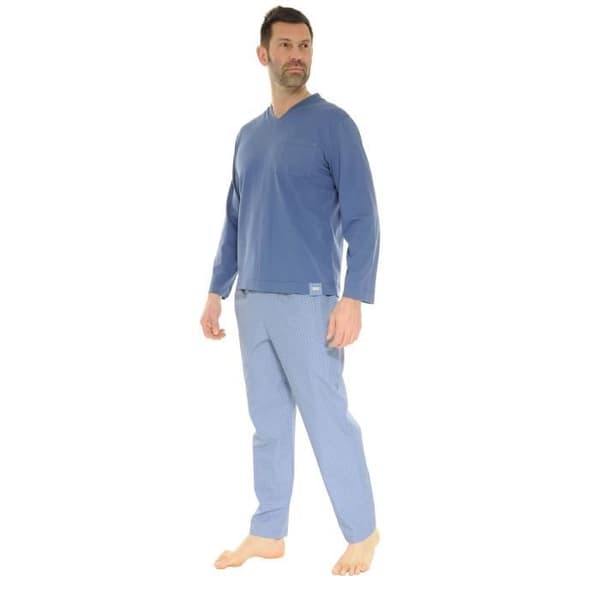 Pyjamas Lång Man - Pilus - Bertin - Blå Indigo - 100% Bomull - Elastisk Midja