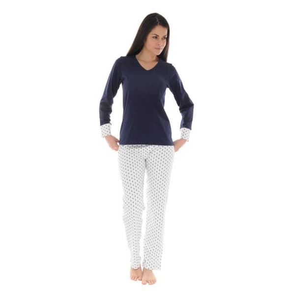 Pyjamas Lång Dam - CHRISTIAN CANE - Modell CALISTE - 100% Bomull - Marin/Ecru - Optimal Komfort
