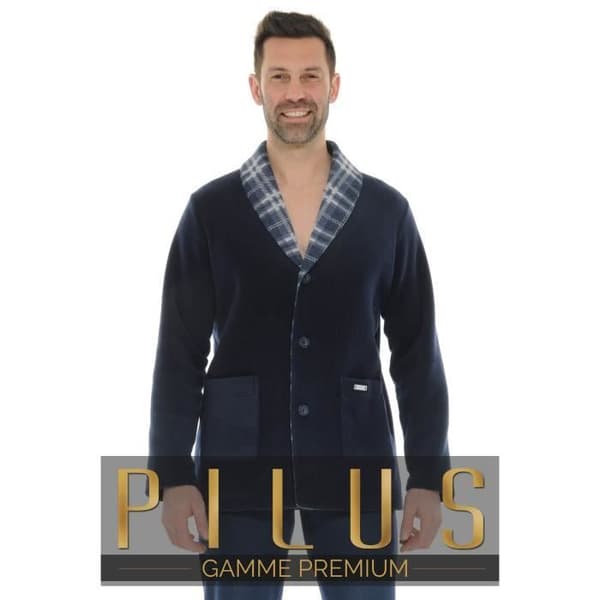 Jacka herr col châle PILUS BRIEUC - Fleece och rutigt - Marinblå