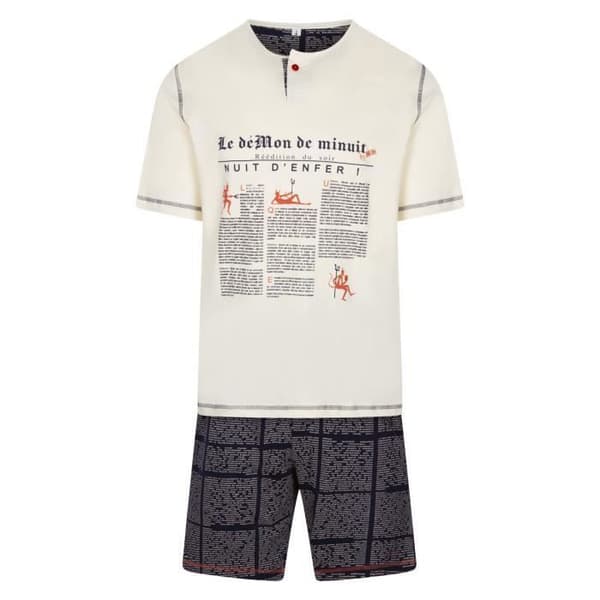 Pyjamas i bomull Christian Cane beige - Korta ärmar - Tunisisk krage - Elasticerad midja
